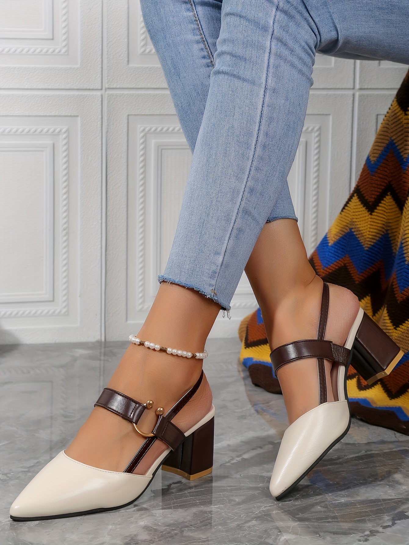 womens pointed toe block high heel sandals fashion solid color slingback shoes versatile mid heels details 43