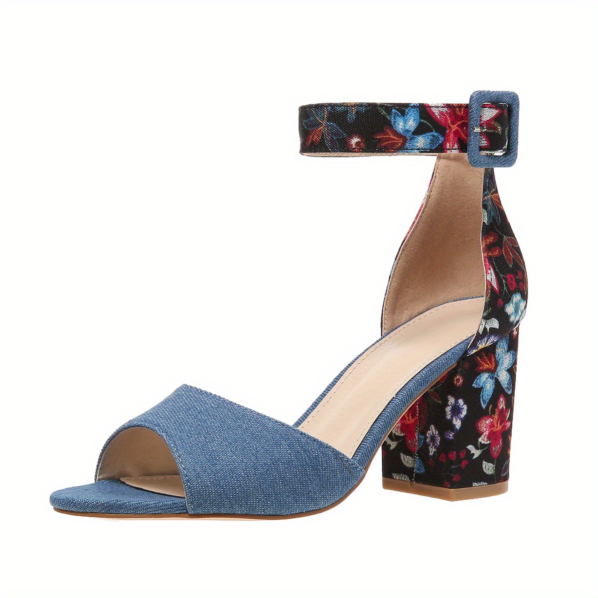 womens chunky heeled sandals peep toe floral print ankle strap high heels fashion canvas sandals details 3