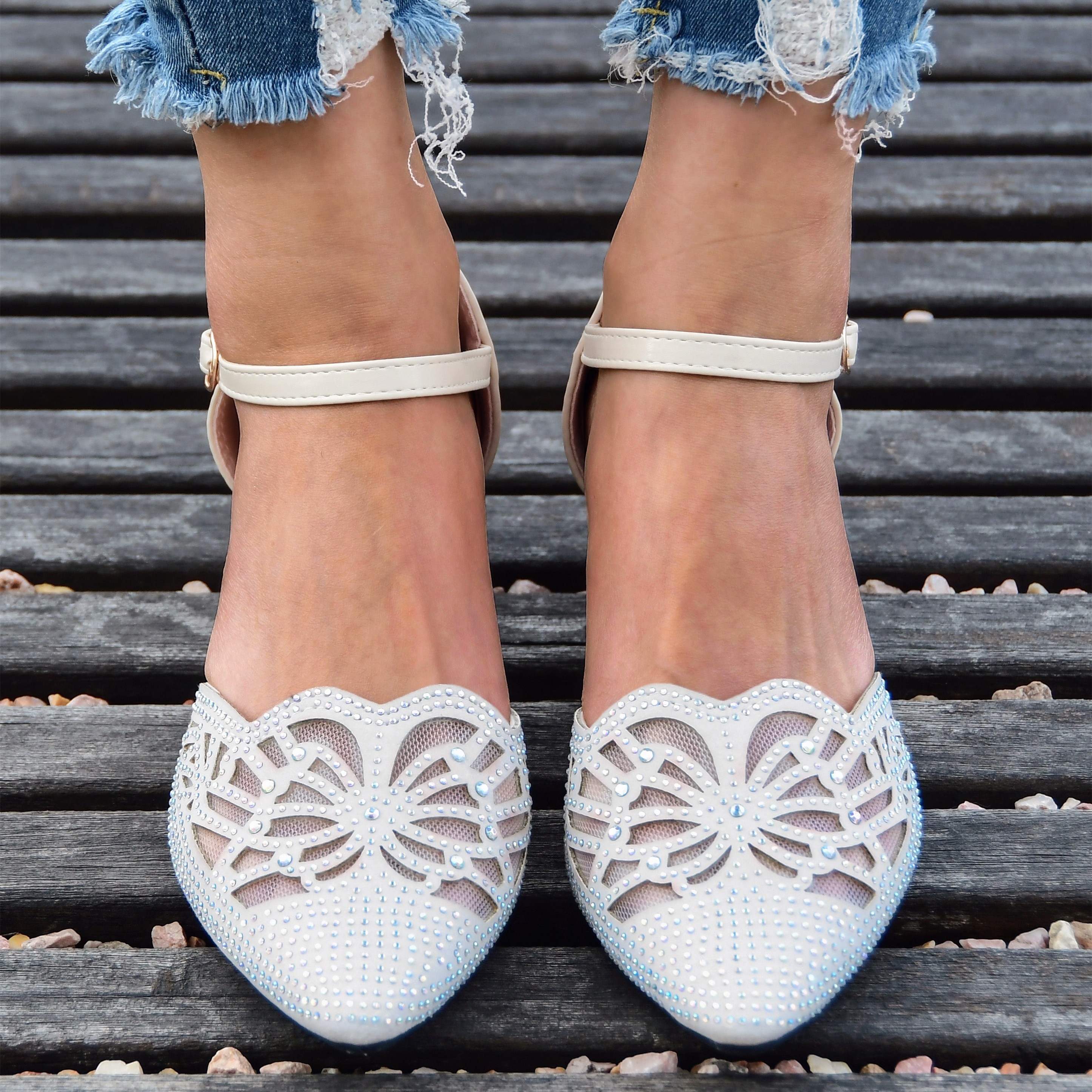 womens chunky heeled sandals rhinestone mesh pointed toe ankle strap shoes stylish mid heeled dorsay shoes details 6