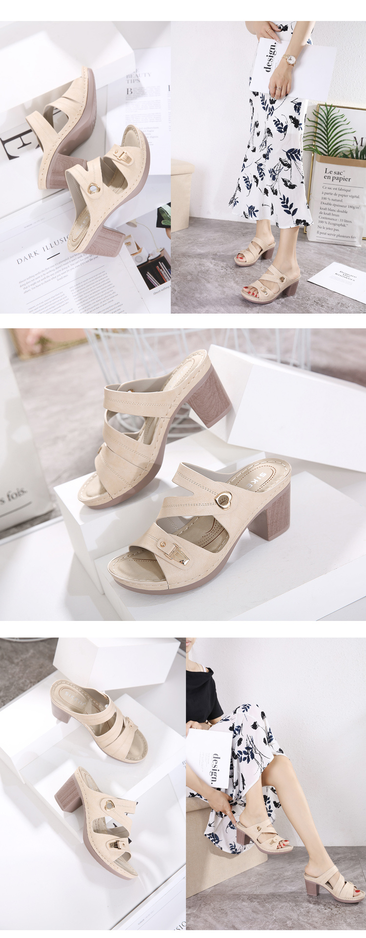 womens hollow out chunky heeled mules metal buckle seam strap open toe slip on sandals womens footwear details 6