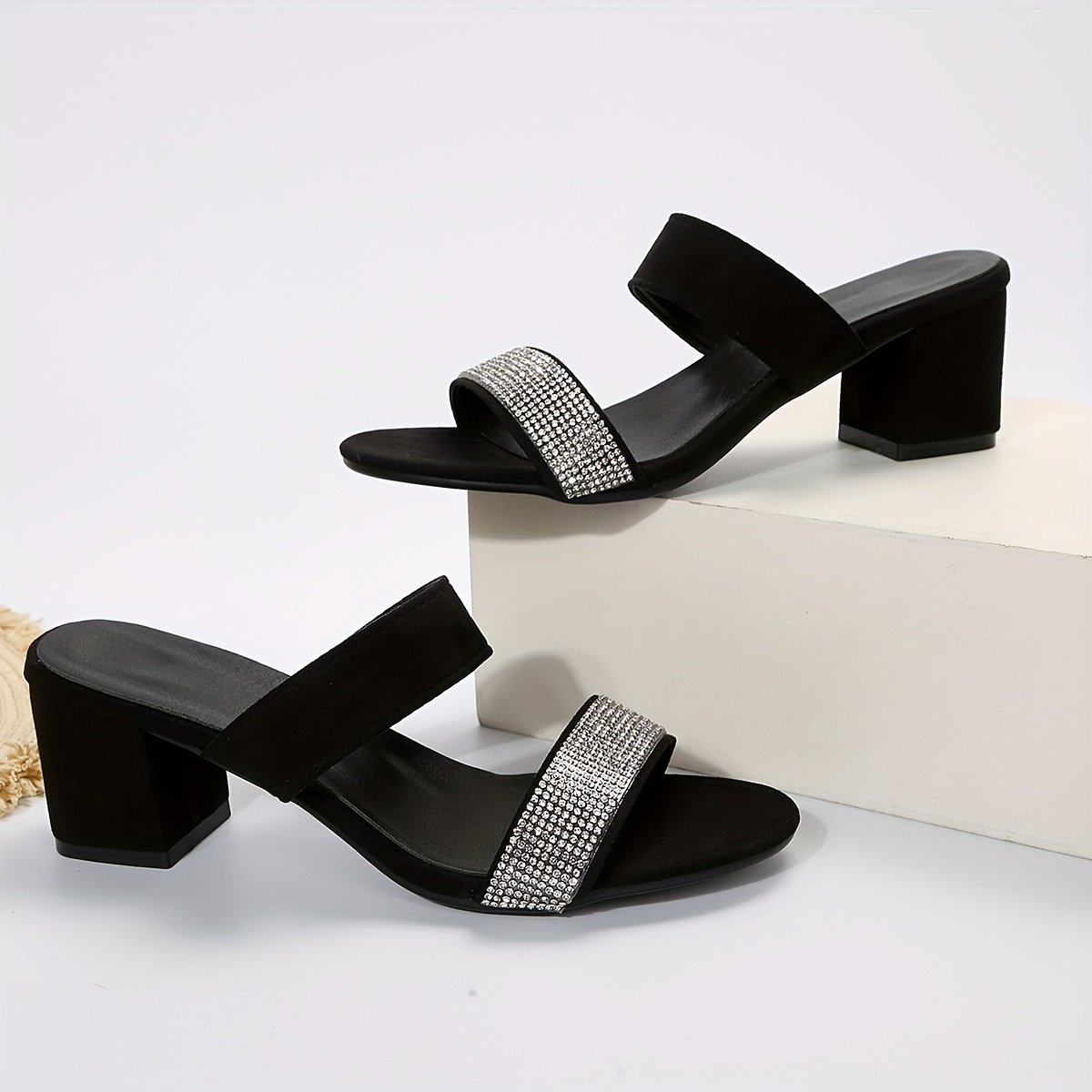 womens chunky heeled sandals rhinestone double band open toe high heels all match slip on sandals details 1