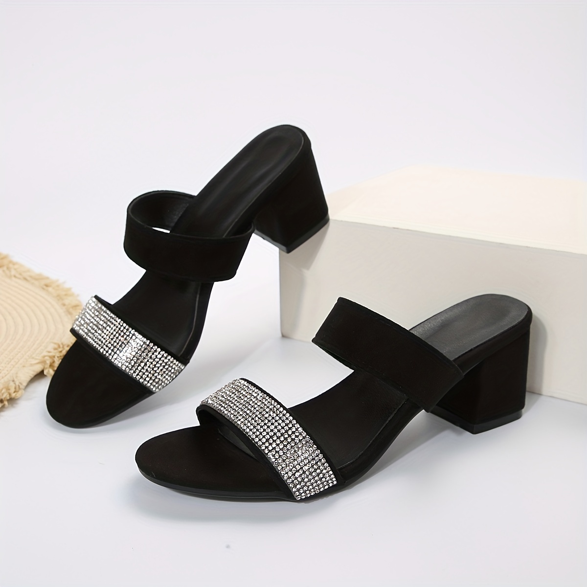 womens chunky heeled sandals rhinestone double band open toe high heels all match slip on sandals details 4