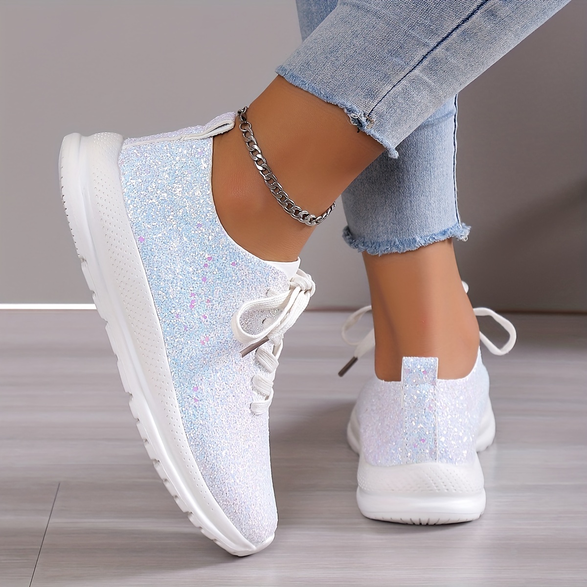 womens glitter sequins decor sneakers casual lace up outdoor shoes lightweight low top walking shoes details 2