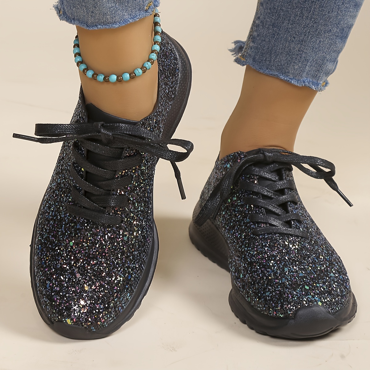 womens glitter sequins decor sneakers casual lace up outdoor shoes lightweight low top walking shoes details 6