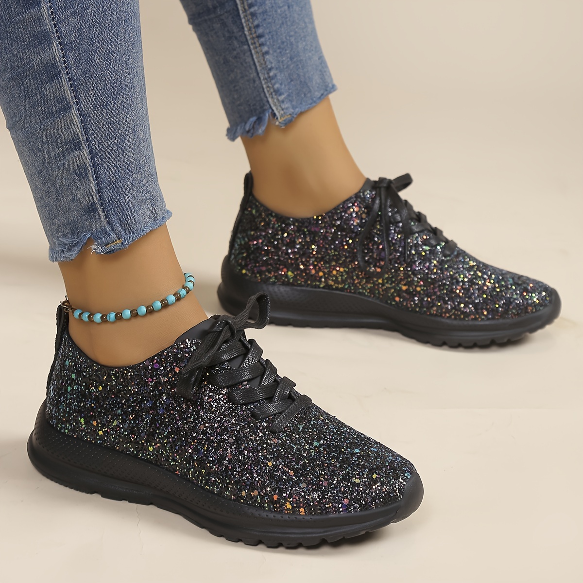 womens glitter sequins decor sneakers casual lace up outdoor shoes lightweight low top walking shoes details 7