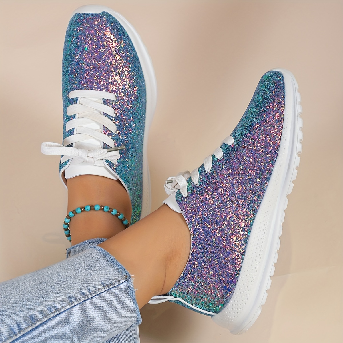 womens glitter sequins decor sneakers casual lace up outdoor shoes lightweight low top walking shoes details 8