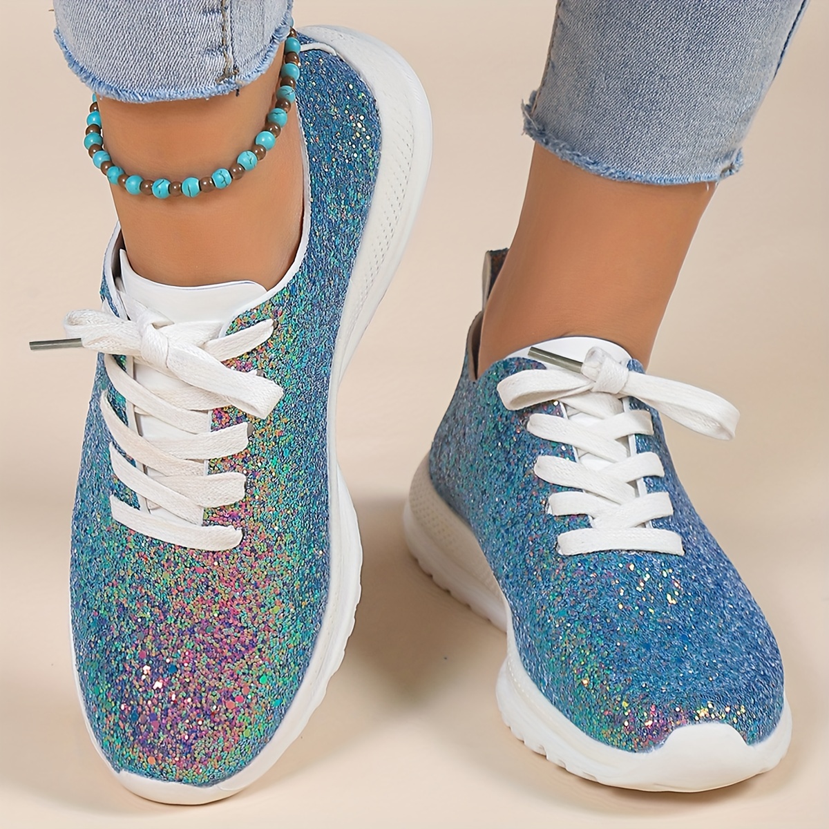 womens glitter sequins decor sneakers casual lace up outdoor shoes lightweight low top walking shoes details 9