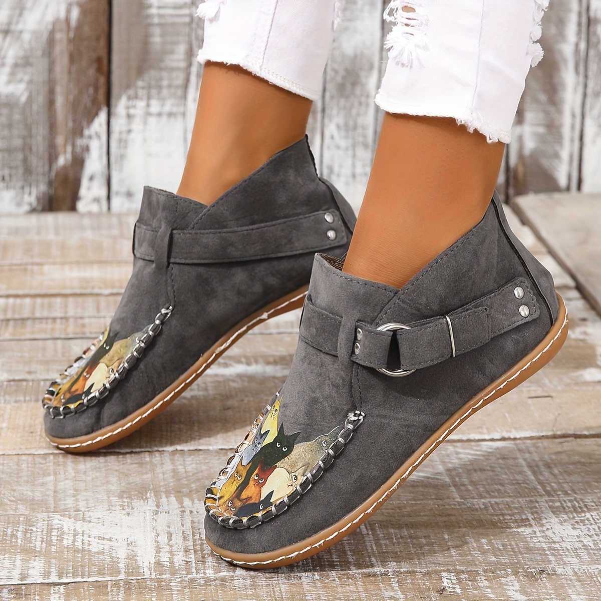 womens cute cat pattern ankle boots retro round toe buckle slip on shoes comfortable low top shoes details 0