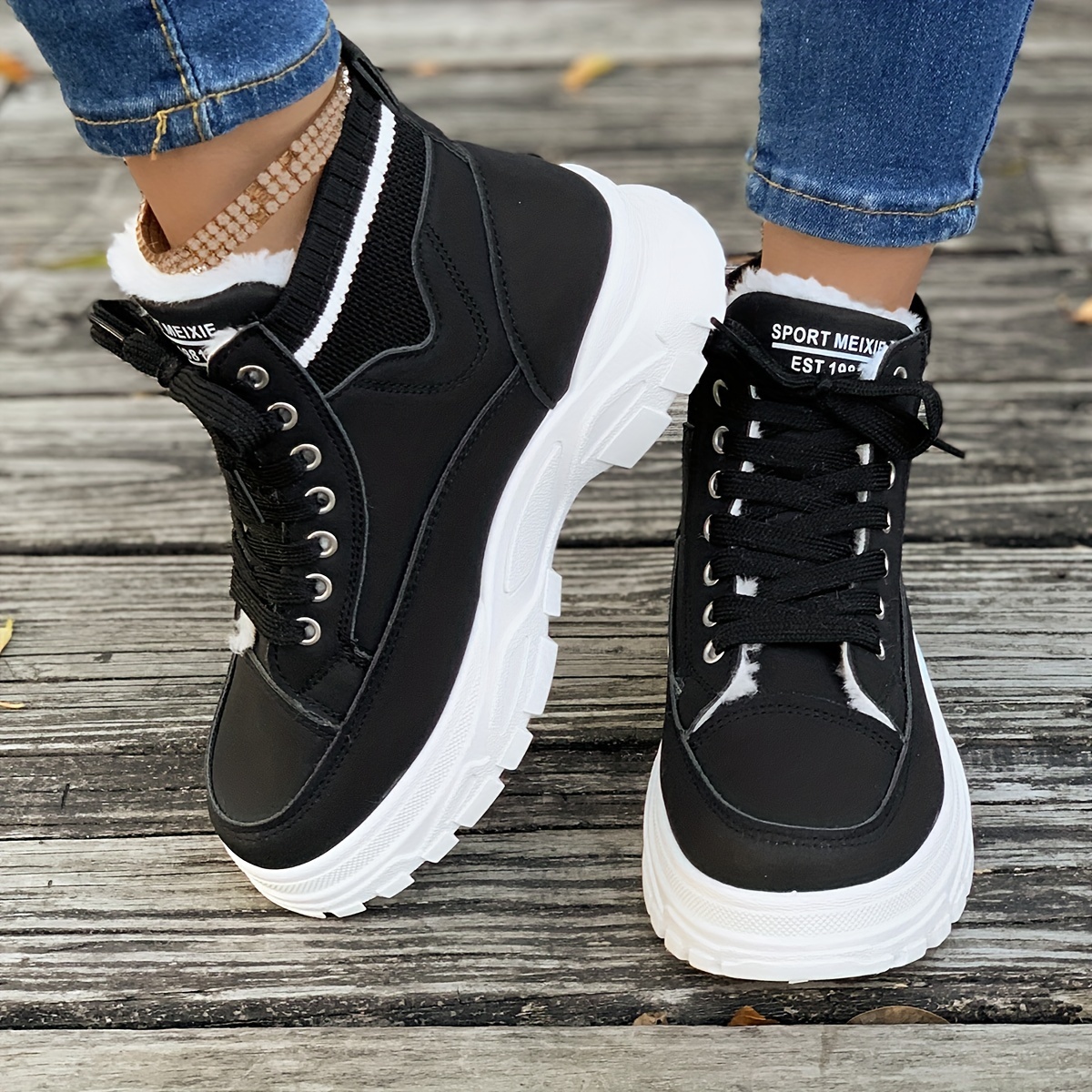 womens platform sneakers casual lace up plush lined shoes comfortable high top shoes details 1