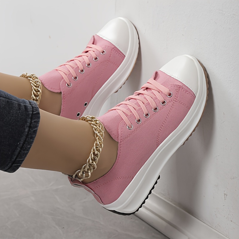 platform canvas sneakers, womens platform canvas sneakers solid color lace up low top walking trainers casual outdoor sports shoes details 4