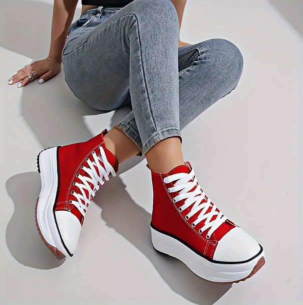 womens solid color casual sneakers lace up soft sole platform skate shoes versatile high top canvas shoes details 0