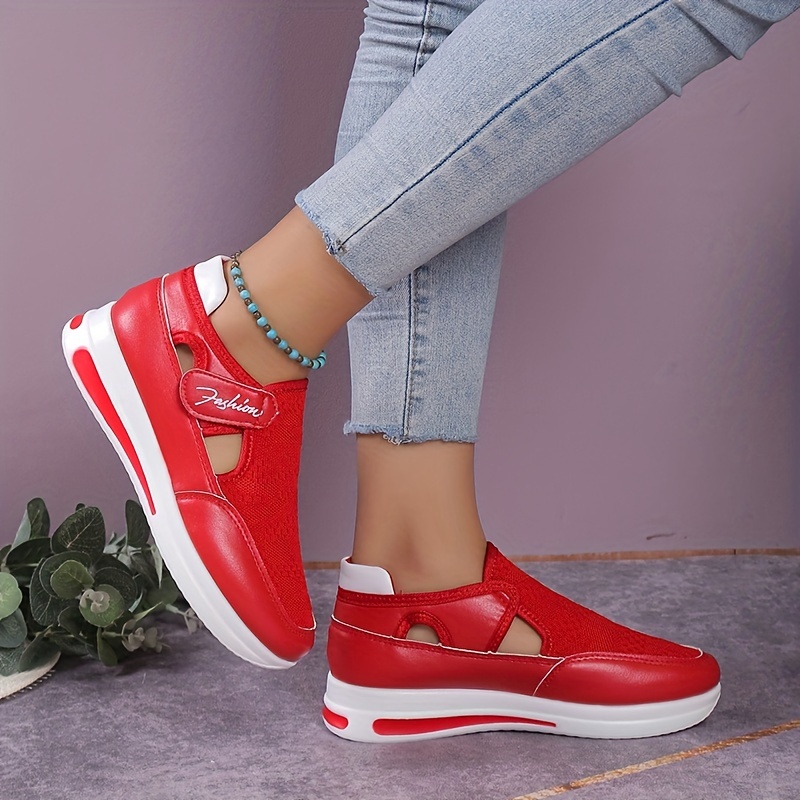 womens knitted sports shoes breathable round toe cut out chunky shoes casual outdoor walking shoes details 1