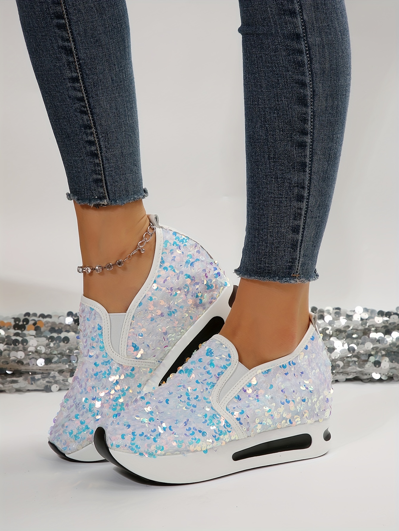 womens sequins platform sneakers casual low top slip on wedge sports shoes fashion walking trainers details 2