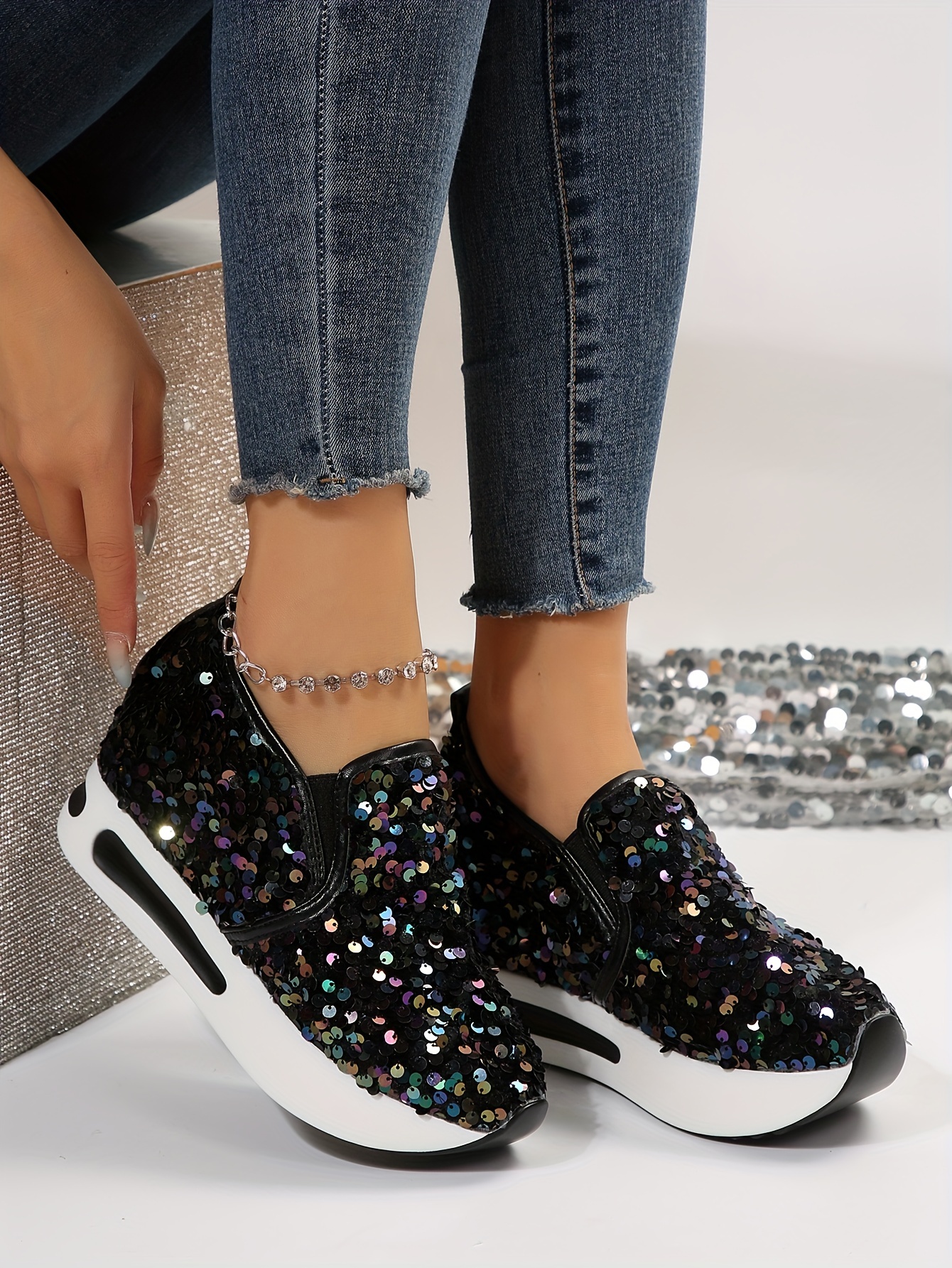 womens sequins platform sneakers casual low top slip on wedge sports shoes fashion walking trainers details 18