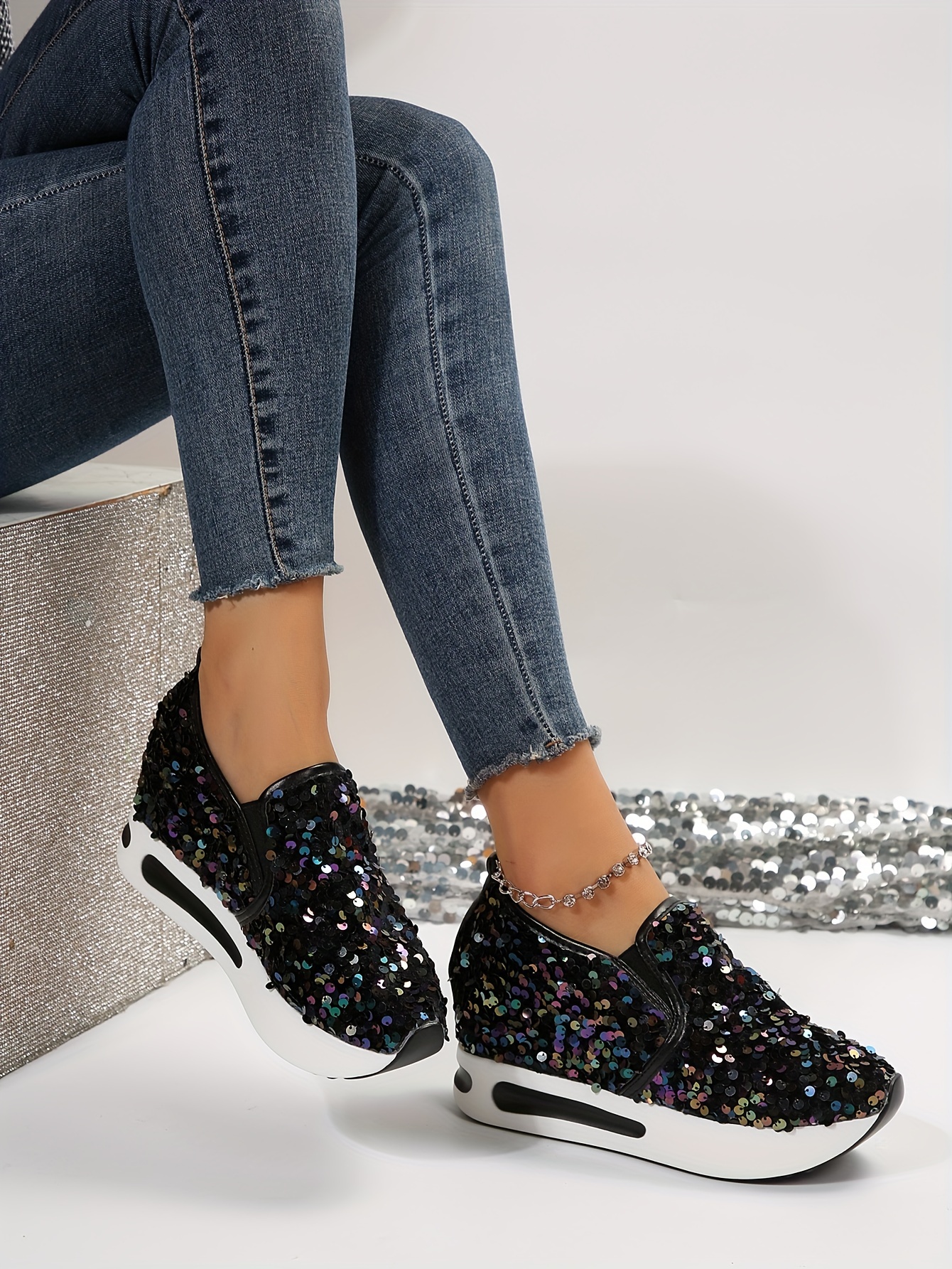 womens sequins platform sneakers casual low top slip on wedge sports shoes fashion walking trainers details 19