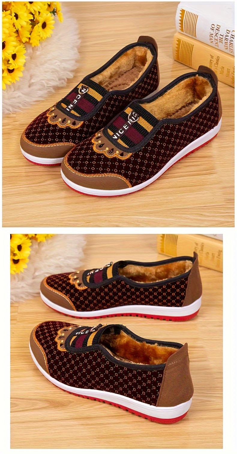 retro print low top flat shoes, womens retro print low top flat shoes breathable wear resistant winter warm walking shoes plush lined thermal flats details 0