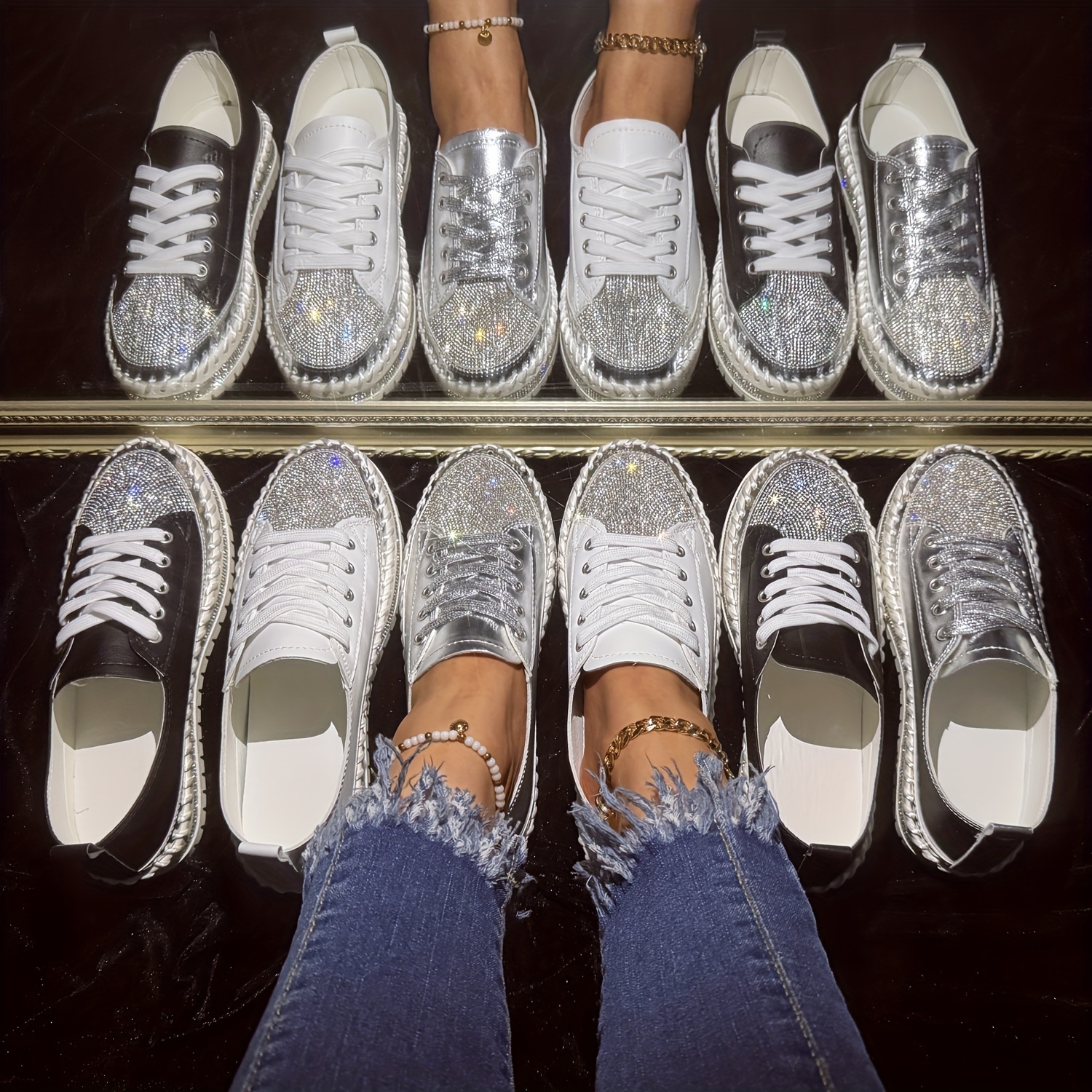 rhinestone flat sneakers, womens rhinestone flat sneakers fashion round toe lace up low top skate shoes all match outdoor trainers details 1