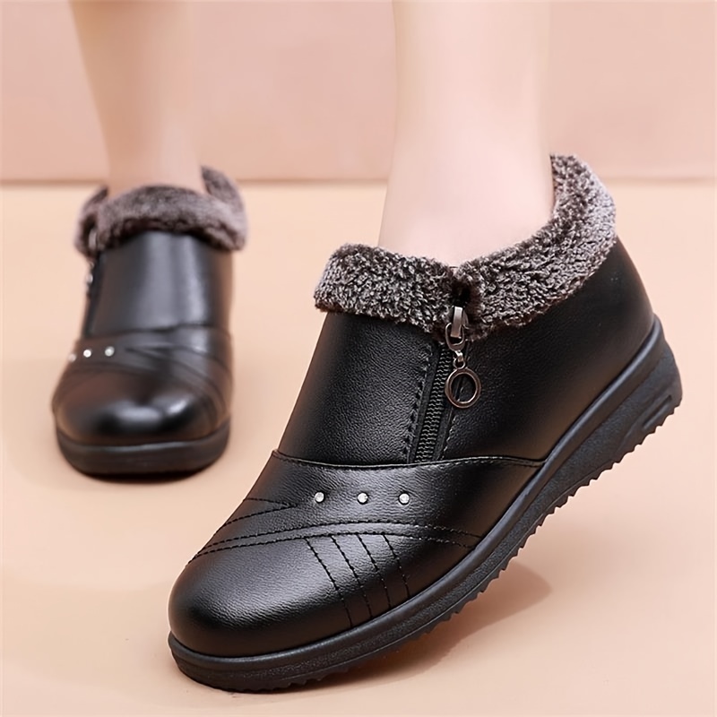 womens solid color fluffy boots side zipper platform warm lined soft sole boots winter snow non slip boots details 0