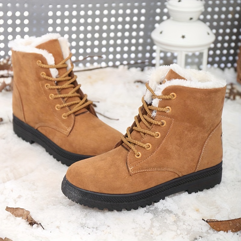 womens plush lined ankle boots solid color thermal lace up snow boots outdoor warm short boots details 2
