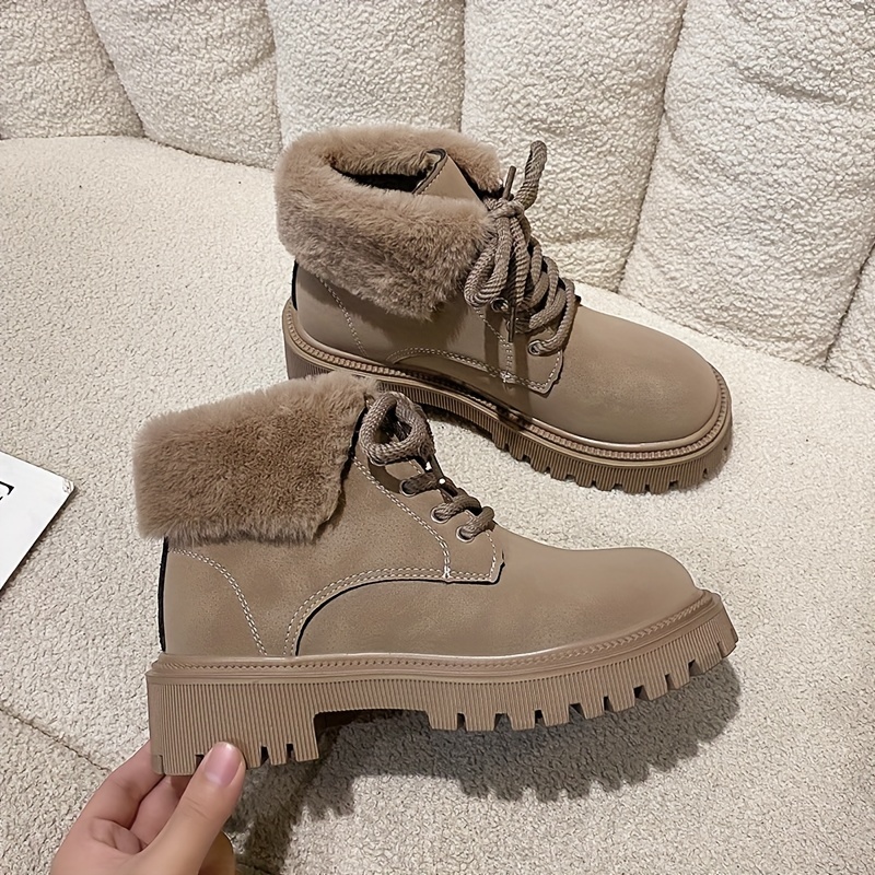 womens solid color fluffy boots lace up sof sole platform warm lined boots winter plush non slip snow boots details 2