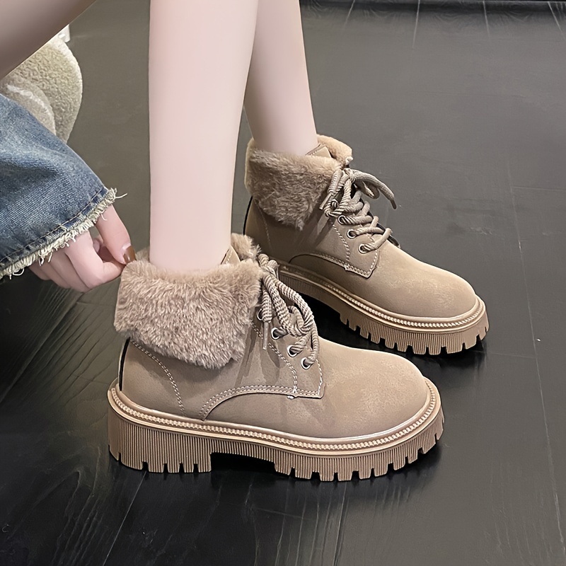 womens solid color fluffy boots lace up sof sole platform warm lined boots winter plush non slip snow boots details 5