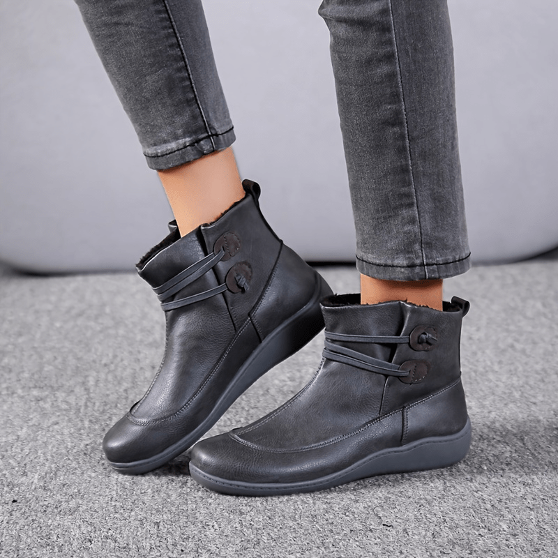 womens retro ankle boots solid color slip on faux leather flat boots womens footwear details 5