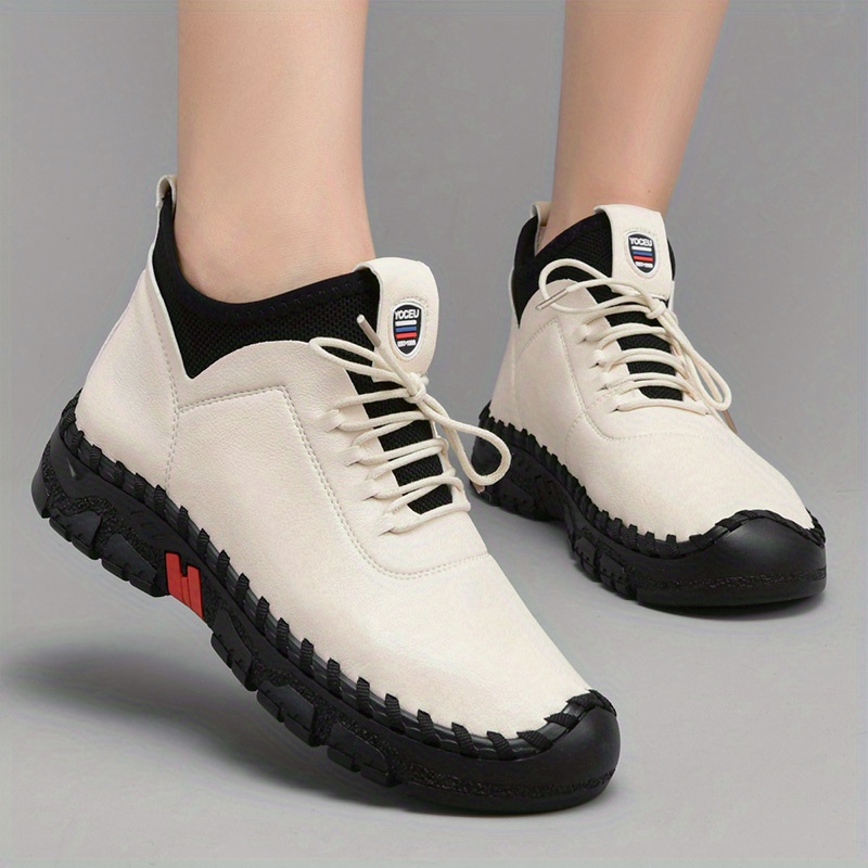 womens flat high top boots comfy solid color lace up ankle boots casual non slip shoes details 4