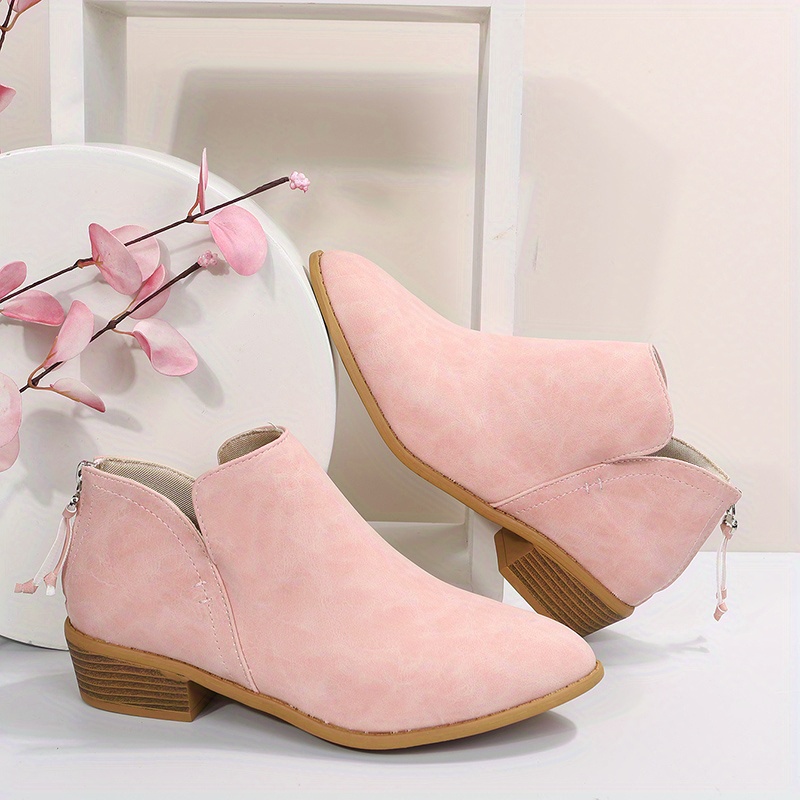 womens chunky heeled ankle boots pointed toe zipper stacked heeled shoes retro short boots details 1