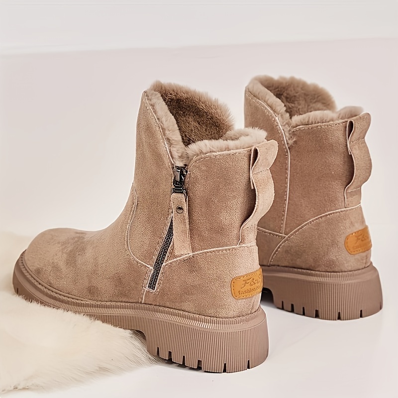 womens plush lined snow boots side zipper solid color suedette short boots winter warm outdoor boots details 1