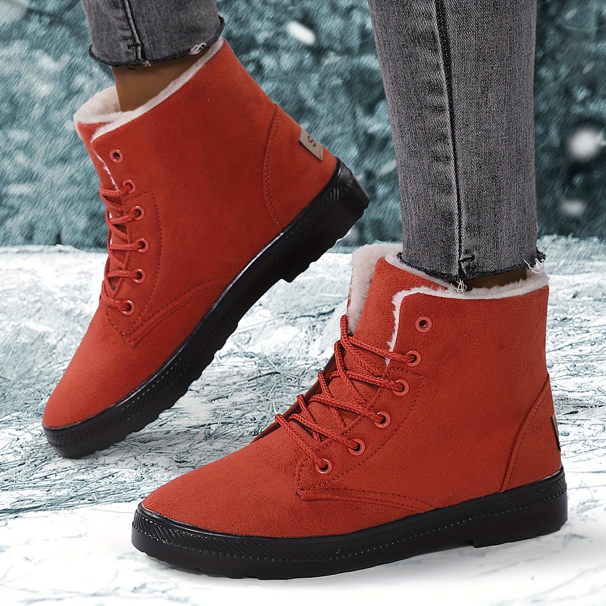 womens suedette pattern flatform boots lace up thick bottom velvet warm non slip snow boots wear resistant comfy shoes details 8